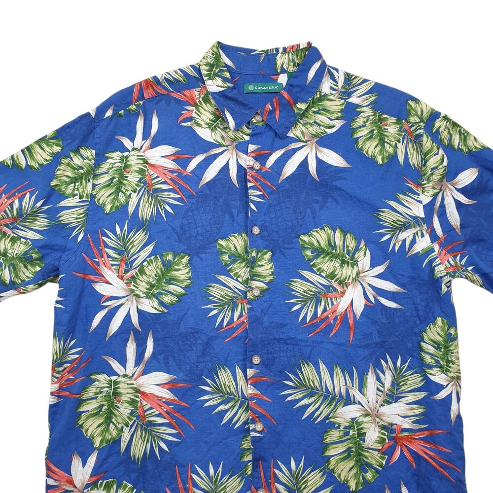 Cubavera Hawaiian Linen Shirt Mens Large Blue Tropical Floral Short Sleeve - Picture 3 of 8